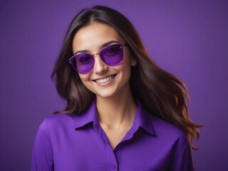 smiling woman in sunglasses purple monochrome color portrait