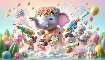 Elephants and children play happily in the water on Songkran Day in Thailand - obrazy, fototapety, plakaty