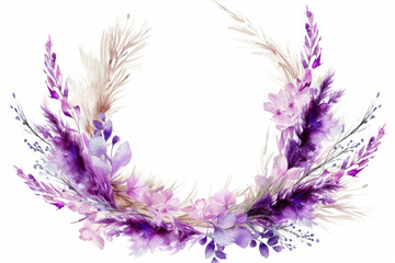 Fototapeta na wymiar Cute Purple Pampas Rustic Bohemian Wedding Wreath Flower Clipart.