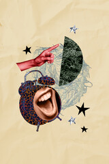 Collage image of angry person shout scream loud sound command wake up alarm clock isolated on...