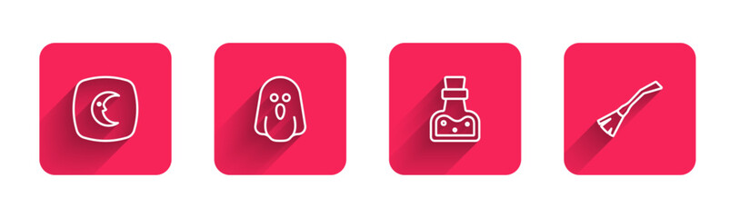 Set line Moon and stars, Ghost, Bottle with potion and Witches broom with long shadow. Red square button. Vector