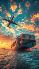 Naklejka premium The plane flew over the container ship.