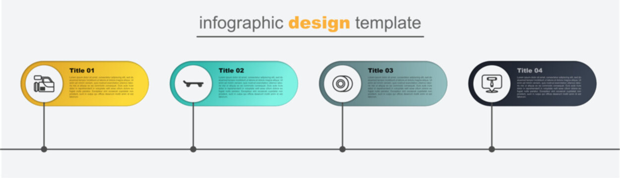 Set line Skateboard T tool, wheel, and Cinema camera. Business infographic template. Vector