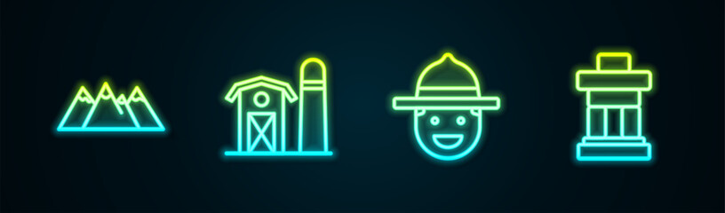 Set line Mountains, Farm house, Canadian ranger hat and Inukshuk. Glowing neon icon. Vector