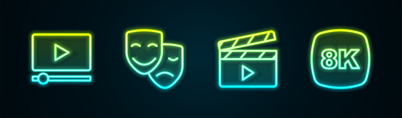 Set line Online play video, Comedy and tragedy masks, Movie clapper and 8k Ultra HD. Glowing neon icon. Vector