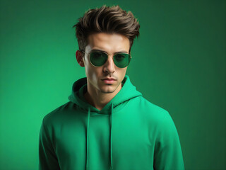 serious face man in sunglasses green monochrome color portrait