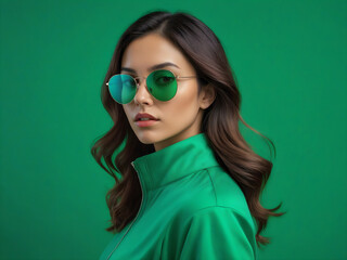 serious face woman in sunglasses green monochrome color portrait