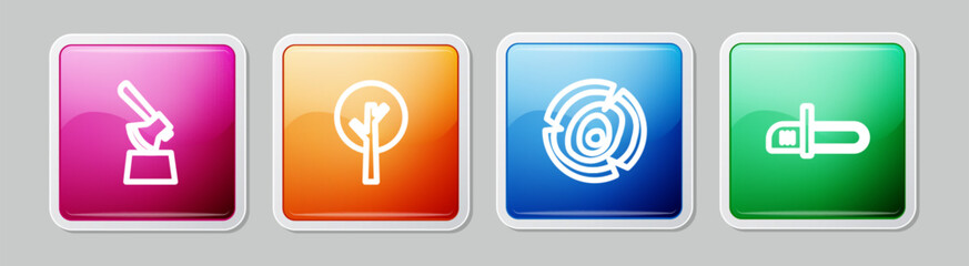 Set line Wooden axe in stump, Tree, logs and Chainsaw. Colorful square button. Vector