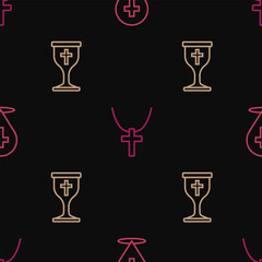 Set line Location church building, Christian chalice and cross chain on seamless pattern. Vector