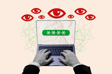 Photo collage man hands typing keyboard laptop password combination screen lock access privacy leak...