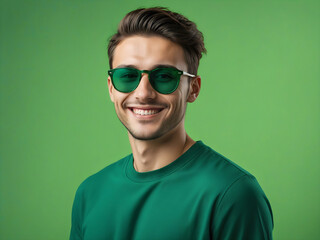 smiling man in sunglasses green monochrome color portrait