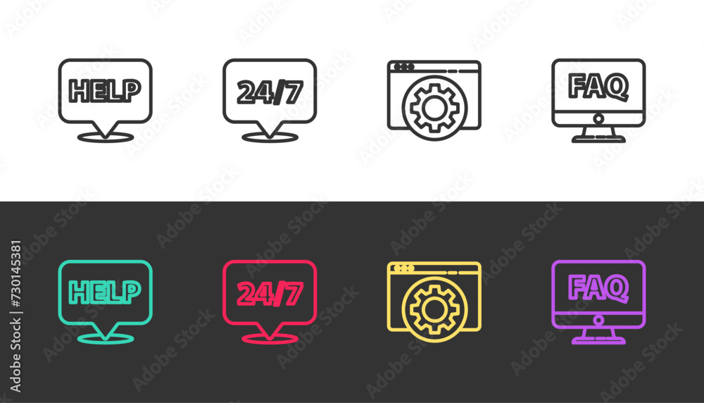 Poster set line speech bubble with text help, clock 24 hours, browser setting and computer monitor and faq 