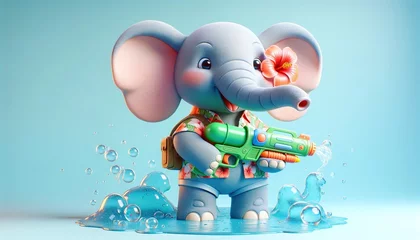 Foto op Aluminium Little elephant holding a water gun on a blue background © Dion_not