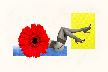 Contemporary collage artwork of headless red flower escort prostitute lady laying down in pantyhose isolated on white color background - obrazy, fototapety, plakaty