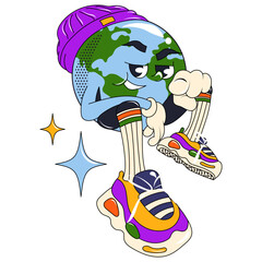 Stickers in trendy retro style. Earth Day concept. World Environment Day. Walking happy cute Earth planet character mascot with flowers. Vector illustration