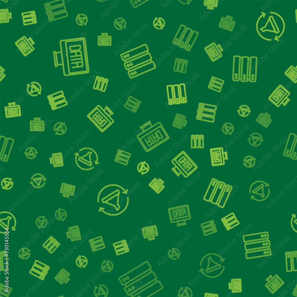 Poster set line data analysis, sales funnel with chart and server on seamless pattern. vector
