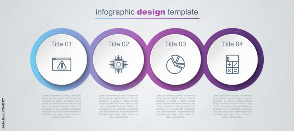 Poster set line browser with exclamation mark, processor cpu, pie chart infographic and calculator. busines