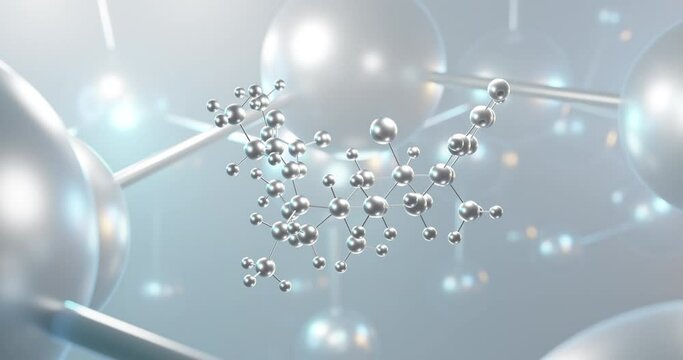 Beclometasone dipropionate rotating 3d molecule, molecular structure of steroid ester, seamless video
