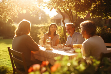 Group of mature friends enjoying outdoor meal in backyard.