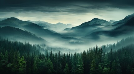 Evening dense foggy forest with high mountains in distance. Mysterious and atmospheric forest landscape. Generative AI - obrazy, fototapety, plakaty