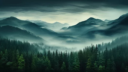 Schilderijen op glas Evening dense foggy forest with high mountains in distance. Mysterious and atmospheric forest landscape. Generative AI © kovalovds