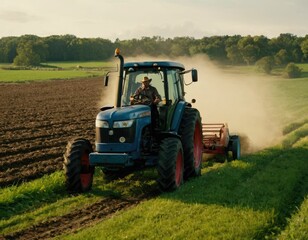 Fototapeta premium A farmer drives a tractor across a field. Tilling the soil before spring planting.