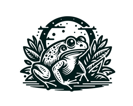 Beautiful outdoor frog in nature hand drawn vintage style vector illustration