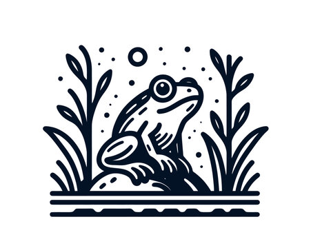 Beautiful outdoor frog in nature hand drawn vintage style vector illustration