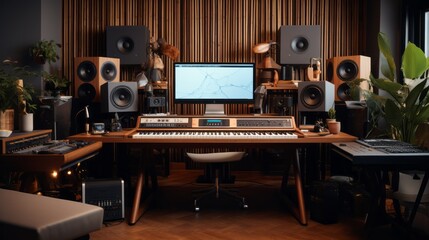 Cozy home music studio setup: wooden desk, monitor speakers, midi keyboards, and interfaces for creativity