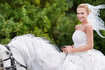 Wedding, bride and riding with horse or portrait outdoor with happiness for celebration, marriage...