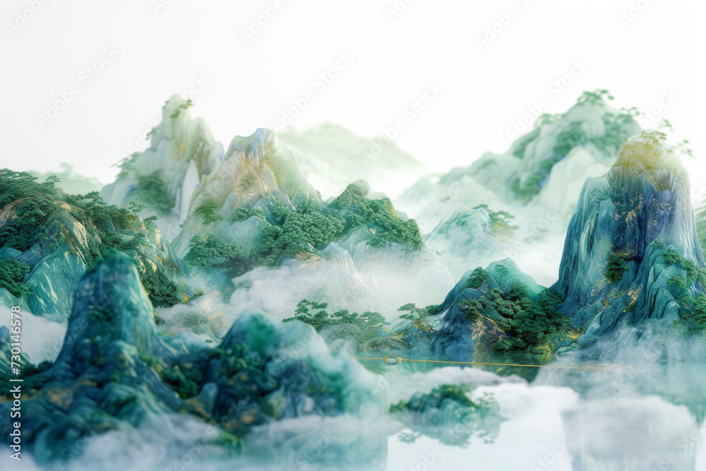 Sticker Chinese landscape painting, jade material, blue, green and white color.