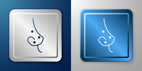 White Acne icon isolated on blue and grey background. Inflamed pimple on the skin. The sebum in the clogged pore promotes the growth of a bacteria. Silver and blue square button. Vector