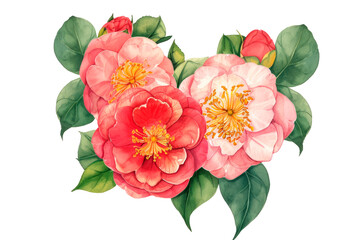 Heart shaped made pink Camellia, botanical illustration