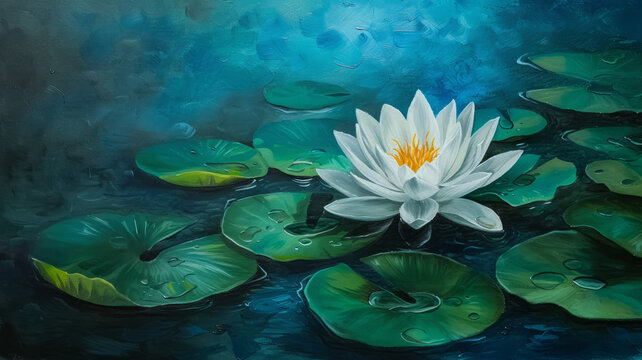 Painted color white water lily. Mixed digital painting. Concept floral art.