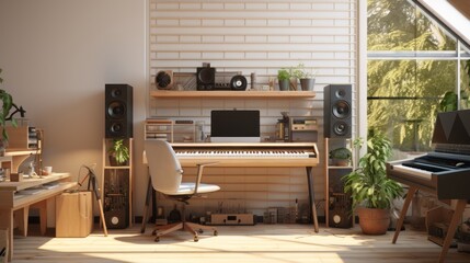 Cozy home music studio setup: wooden desk, monitor speakers, midi keyboards, and interfaces for creativity