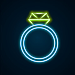 Glowing neon line Diamond engagement ring icon isolated on black background. Colorful outline concept. Vector
