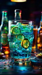 A glass filled with a greenish-blue liquid, lime slices, and ice cubes sits on a table.