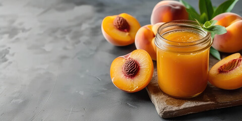 Sweet Peach Preserve. Jar of canned peaches among fresh fruits with copy space.