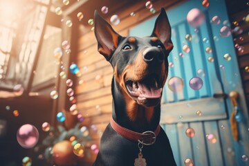 full length of happy funny Doberman dog catches soap bubbles flying around him, bright colours