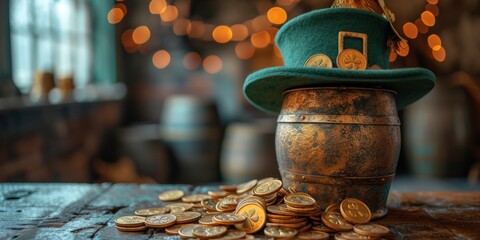 A celebration of wealth with gold coins and a green hat on a wooden table in a pub setting. - obrazy, fototapety, plakaty