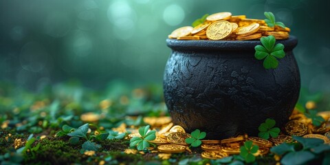 A forest floor covered in clover and shamrock, with a pot of golden coins symbolizing wealth and luck on St. Patrick's Day. - obrazy, fototapety, plakaty