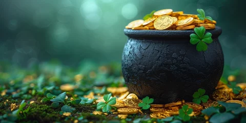 Fotobehang A forest floor covered in clover and shamrock, with a pot of golden coins symbolizing wealth and luck on St. Patrick's Day. © Iryna