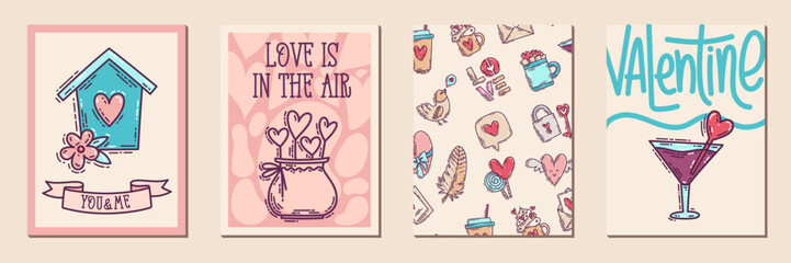 Valentines Day doodle style printable posters set with hand-drawn cute love icons and design elements.
