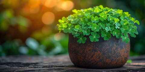 Bright green clover leaves in a pot, symbolizing freshness and nature.