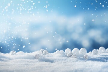 Winter snowy background banner with snowflakes, white and blue snow bokeh, and snowdrifts, with beautiful light on the blue sky.