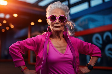 Senior healthy strong woman in trendy outfit training in gym.Elder people living active life,healthy lifestyle trends