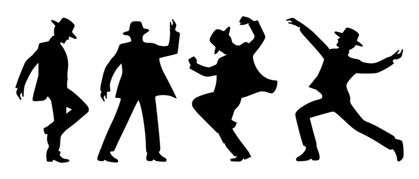 Silhouettes of Male Modern Dancers in Stylish Moves and Poses black filled vector Illustration