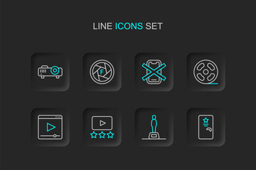 Set line Backstage, Movie trophy, Rating movie, Online play video, Film reel, No cell phone, Camera shutter and Movie, film, media projector icon. Vector