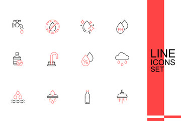 Set line Shower, Bottle of water, Water filter cartridge, drop, Cloud with rain, percentage, tap and Big bottle clean icon. Vector
