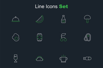 Set line Salami sausage, Bowl of hot soup, Taco with tortilla, Wine glass, Steak meat, Fresh berries, Soda can and Scrambled egg icon. Vector